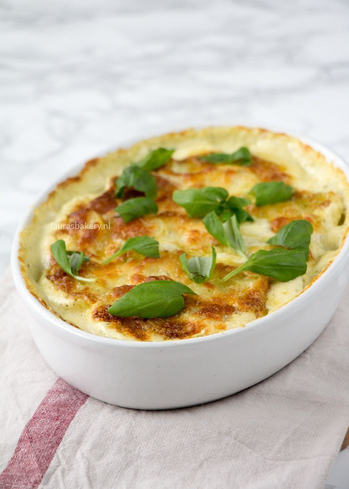 Mozzarella aardappel gratin met pesto